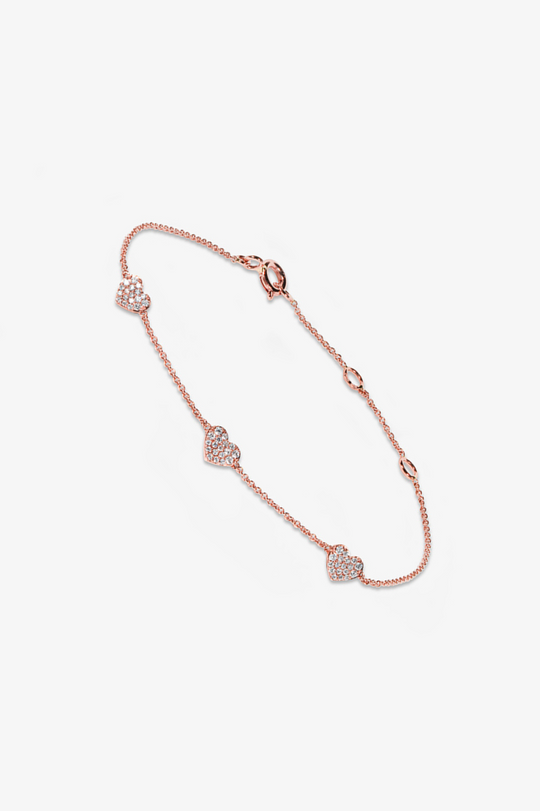 Pulseira com Três Corações em Ouro Rosa e Diamantes