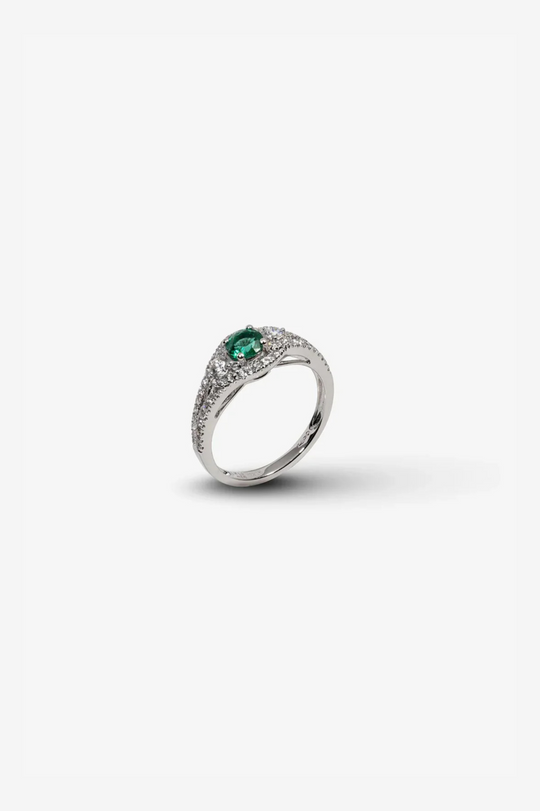 White Gold Engagement Ring with Diamonds and Green Emeralds