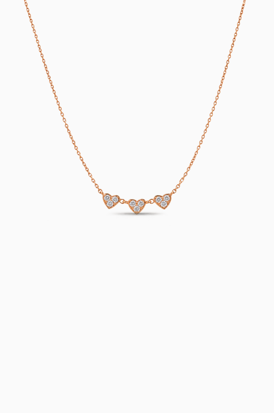 3 Hearts Pink Gold Necklace with Diamonds