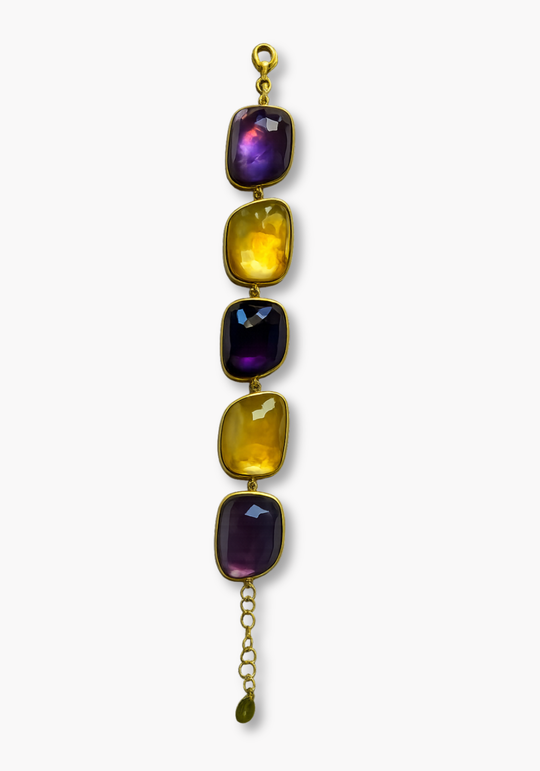 Gold Silver Bracelet with Amethyst, Citrine and Mother-of-Pearl