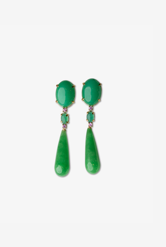 Brincos em ouro com jades e ágatas-safiras cor-de-rosa
