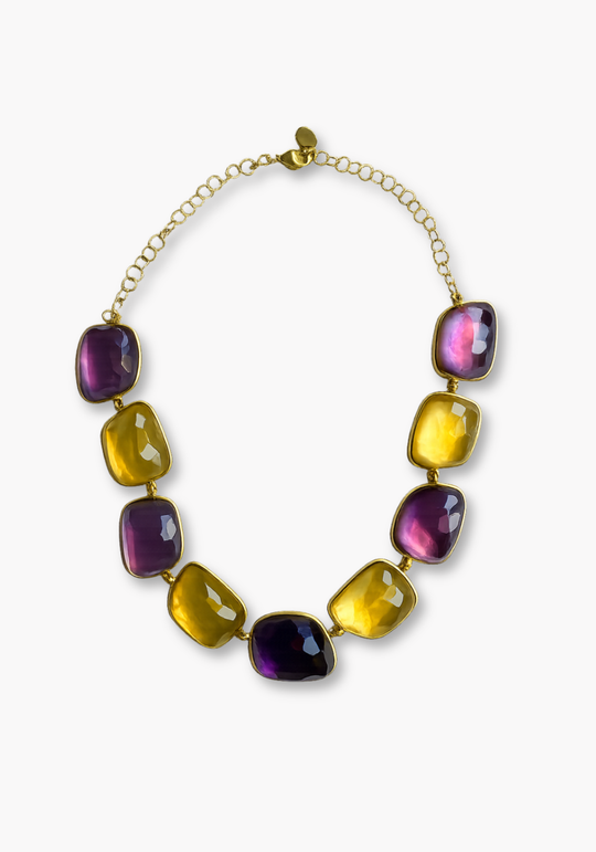 Gold Silver Necklace with Citrine, Amethyst and Mother-of-Pearl