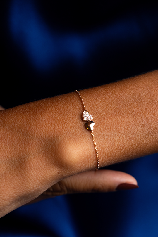 Pulseira de malha com 2 Corações em Ouro Rosa e Diamantes