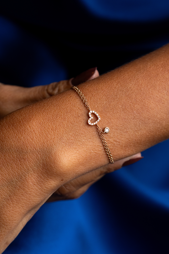 Pulseira de malha com coração em ouro rosa e diamantes