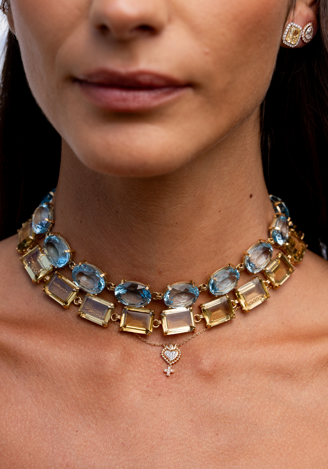 Gold Silver Necklace with Blue Topaz