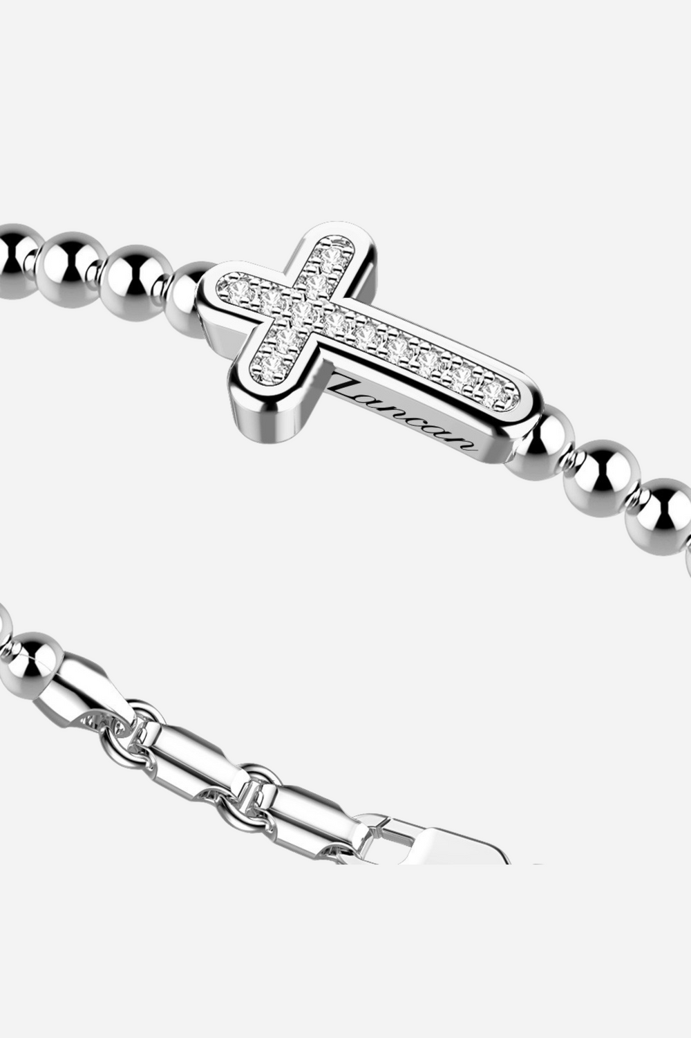 Silver Bracelet with Spheres, Cross and White Stones