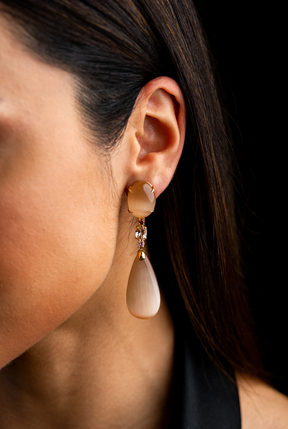 Gold Earrings with Hydro Peachmoonstone, Morganite and Sapphires