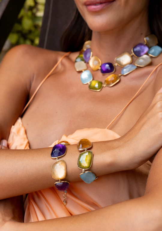 Gold Silver Bracelet with Quartz, Citrine, Aquamarine and Mother-of-Pearl