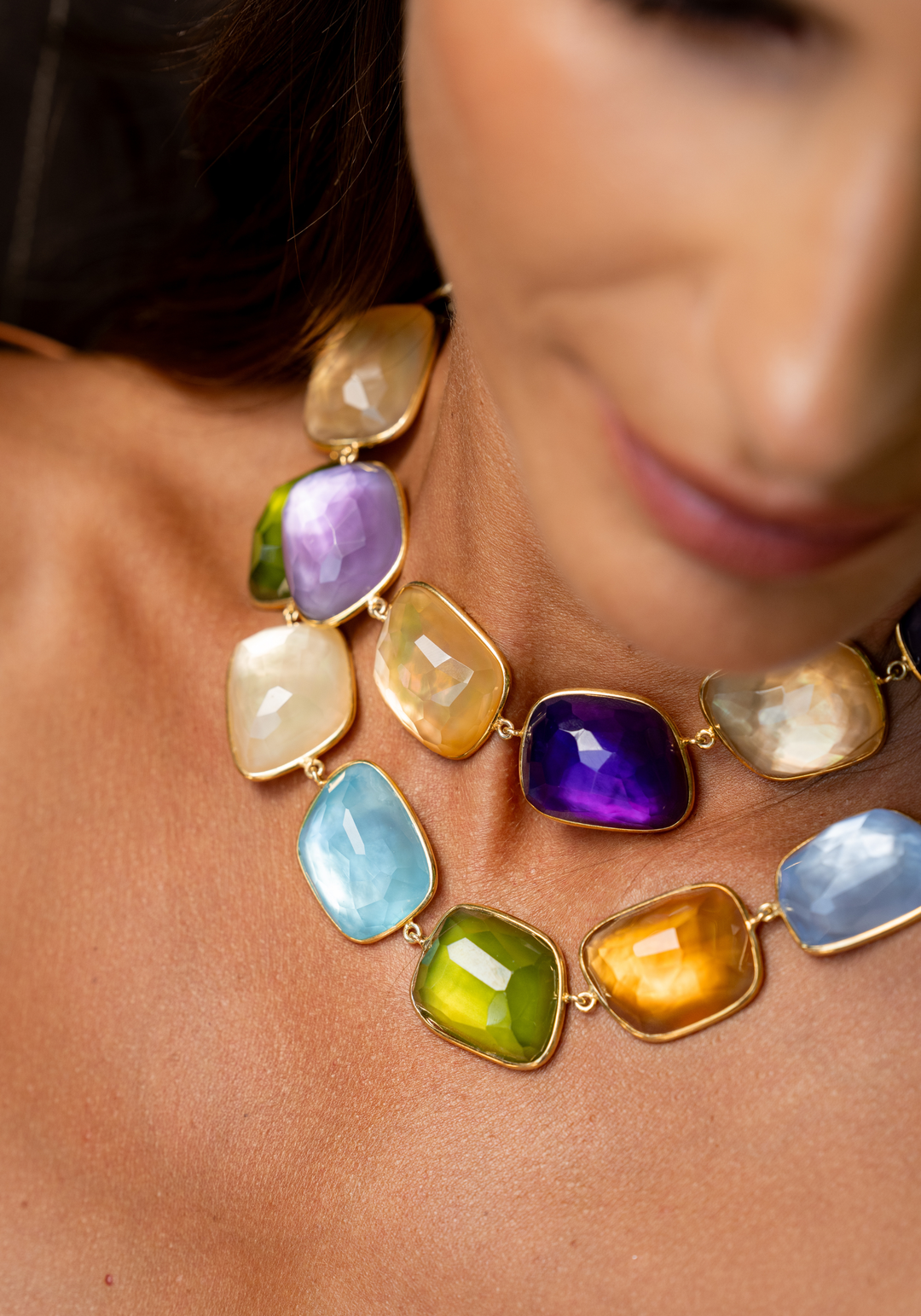 Gold Silver Necklace with Citrine, Amethyst and Mother-of-Pearl