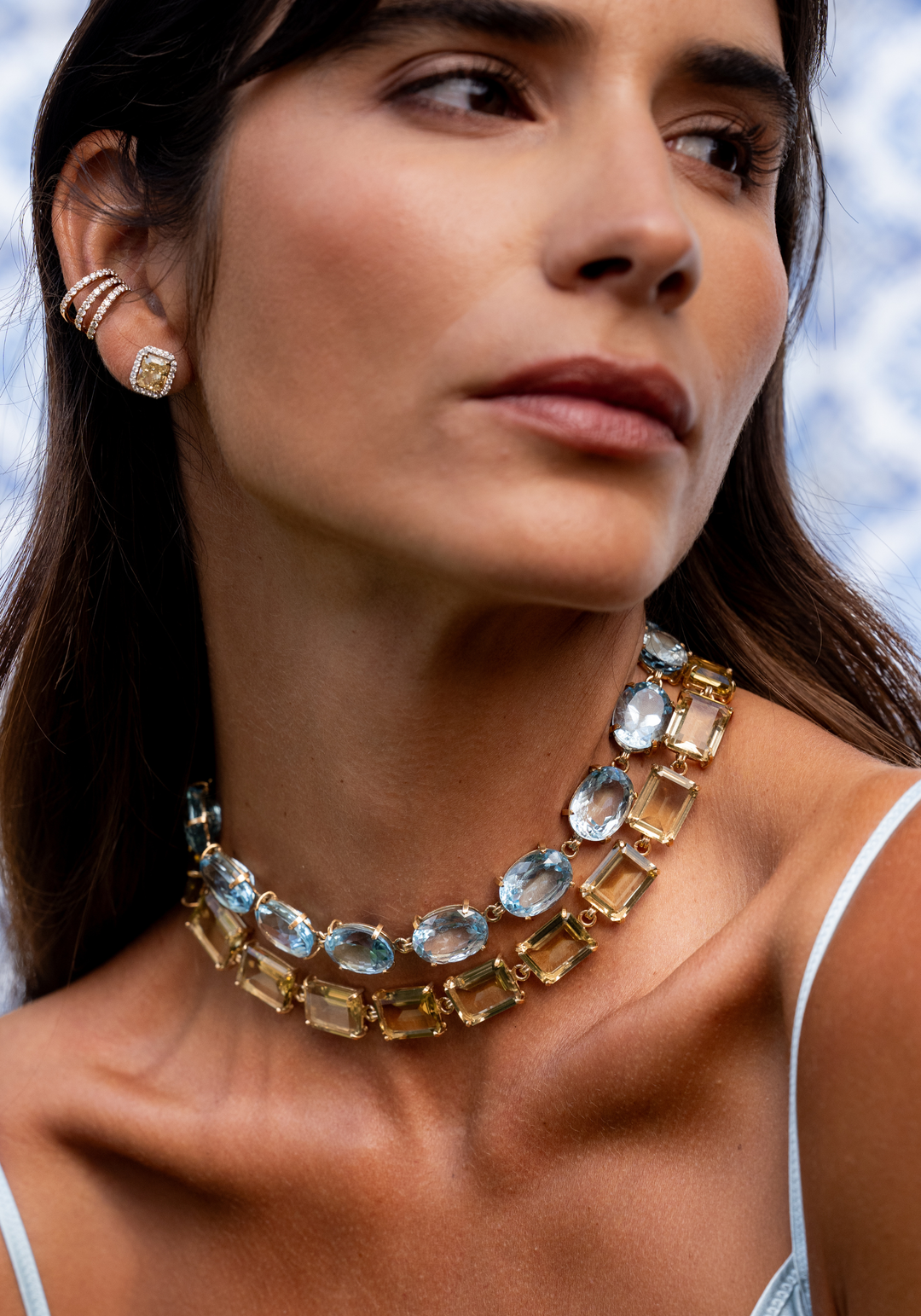 Gold Silver Necklace with Blue Topaz