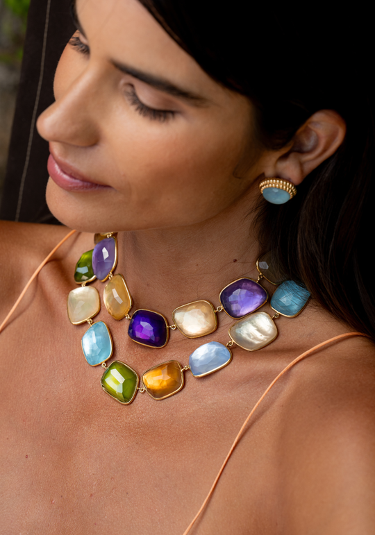 Gold Silver Necklace with Citrine, Amethyst and Mother-of-Pearl