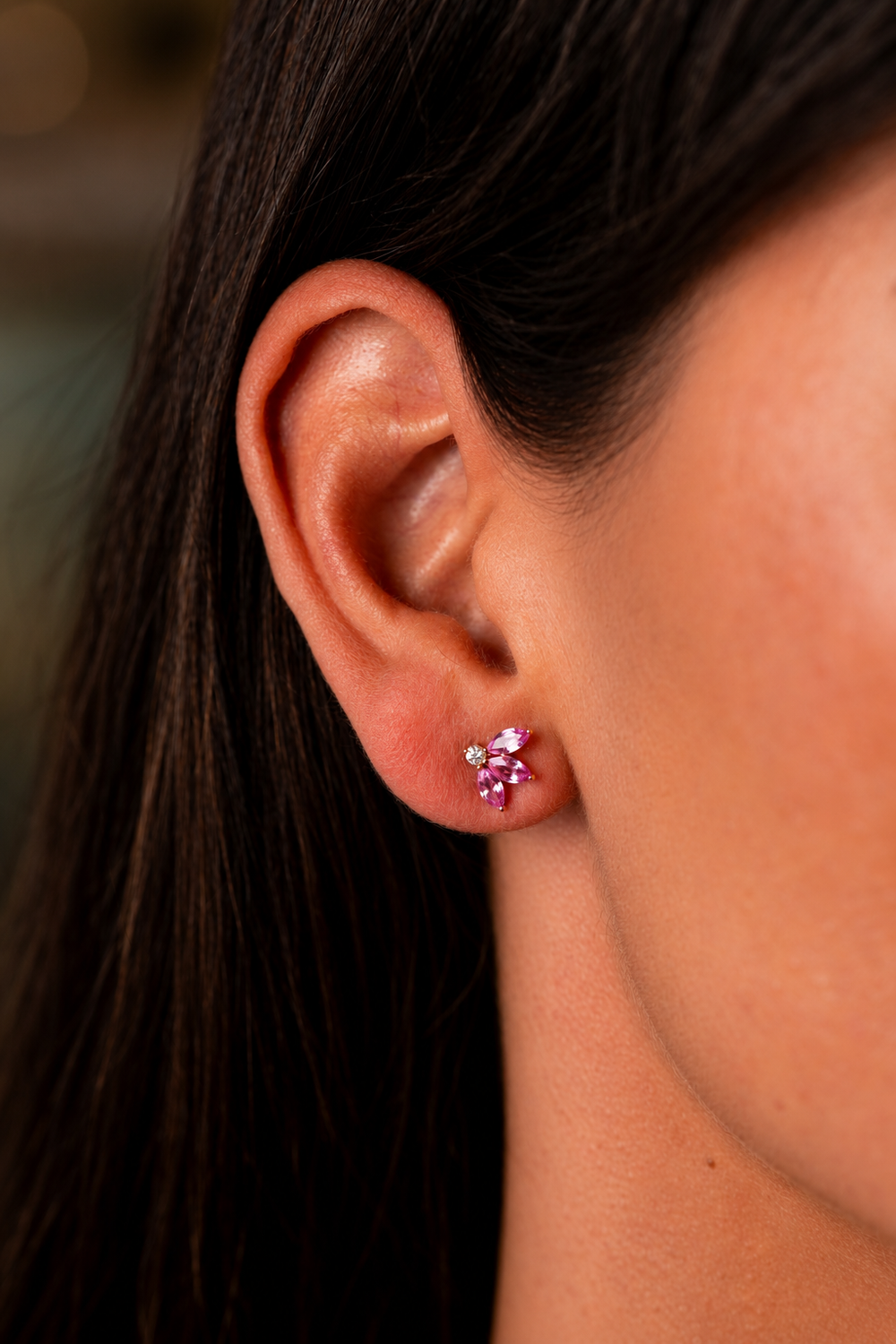 Brincos flor com safiras rosa II
