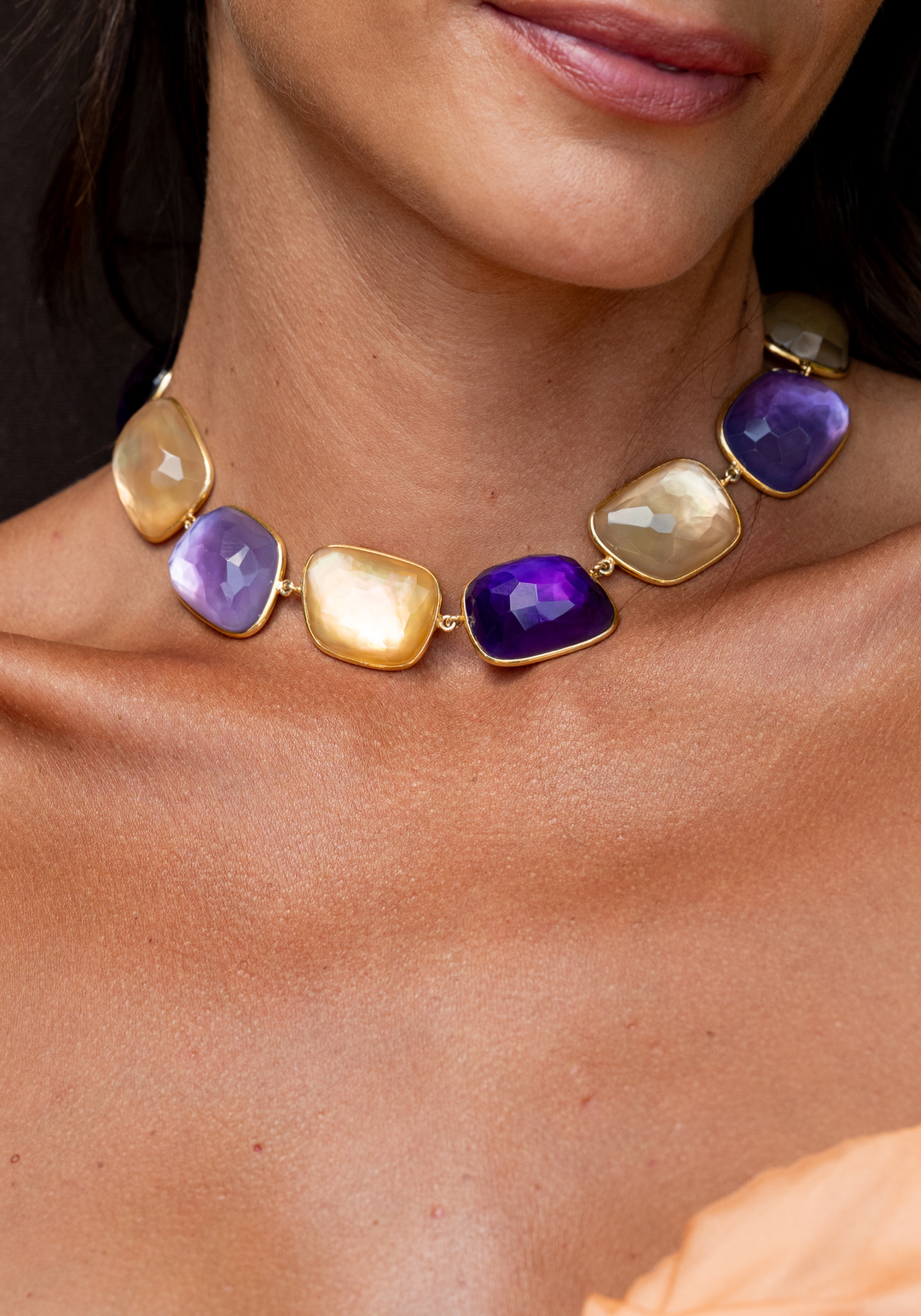 Gold Silver Necklace with Citrine, Amethyst and Mother-of-Pearl