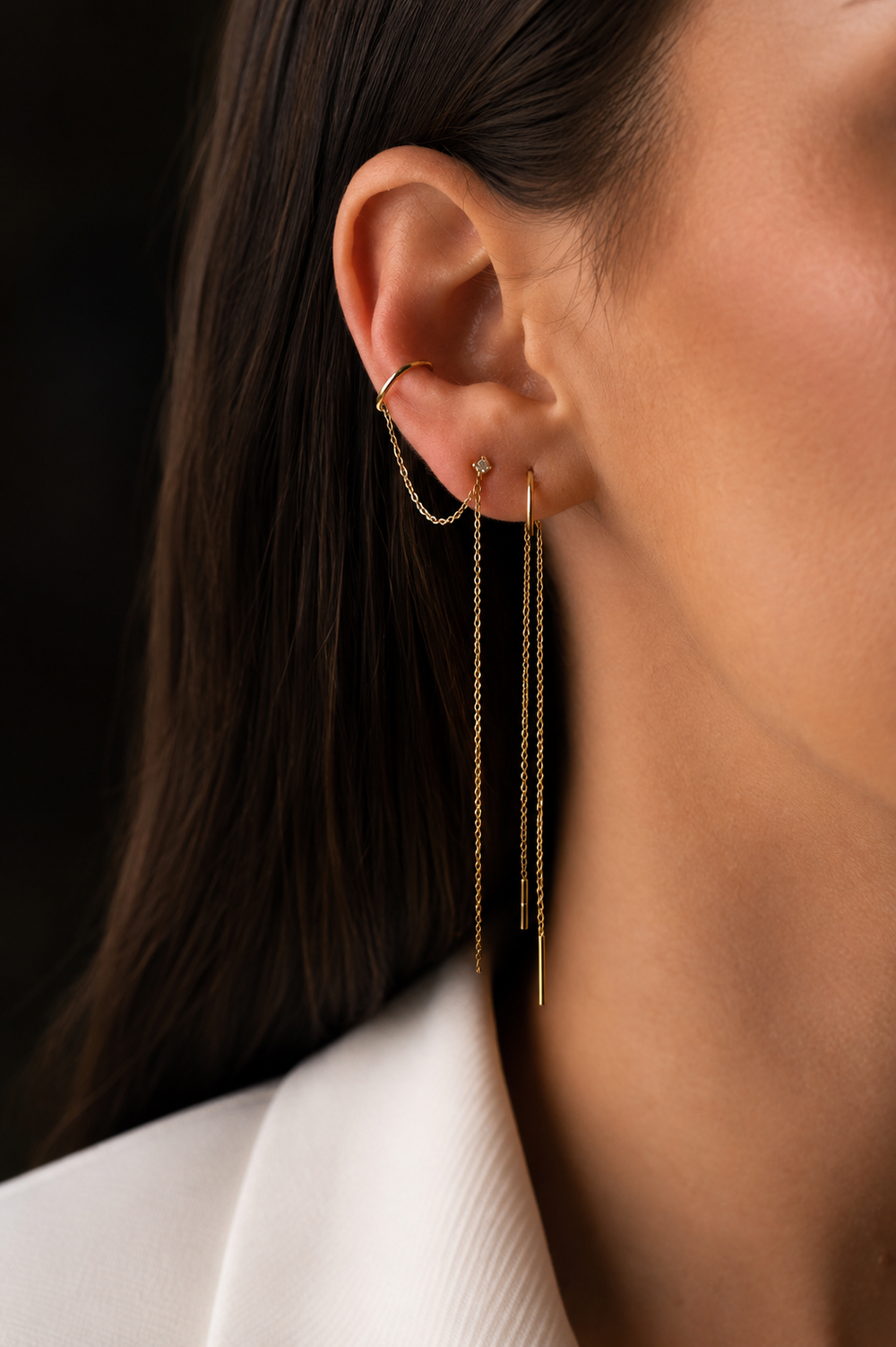 Brinco em Ouro Rosa com Diamante e Ear Cuff