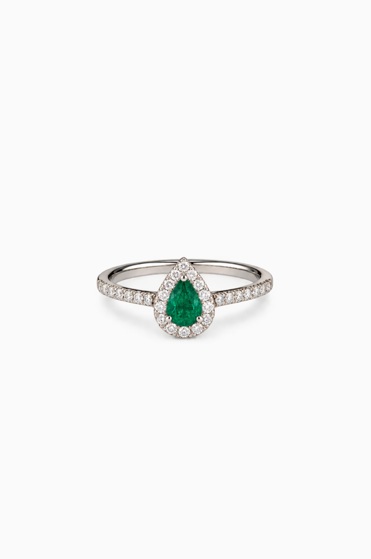 White Gold Engagement Ring with Diamonds and Emerald