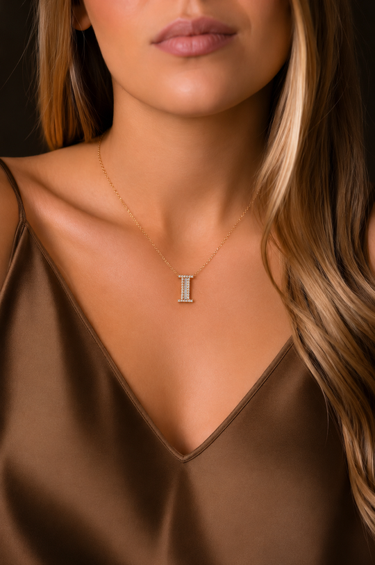 Pink Gold Necklace with Letter I and Diamonds