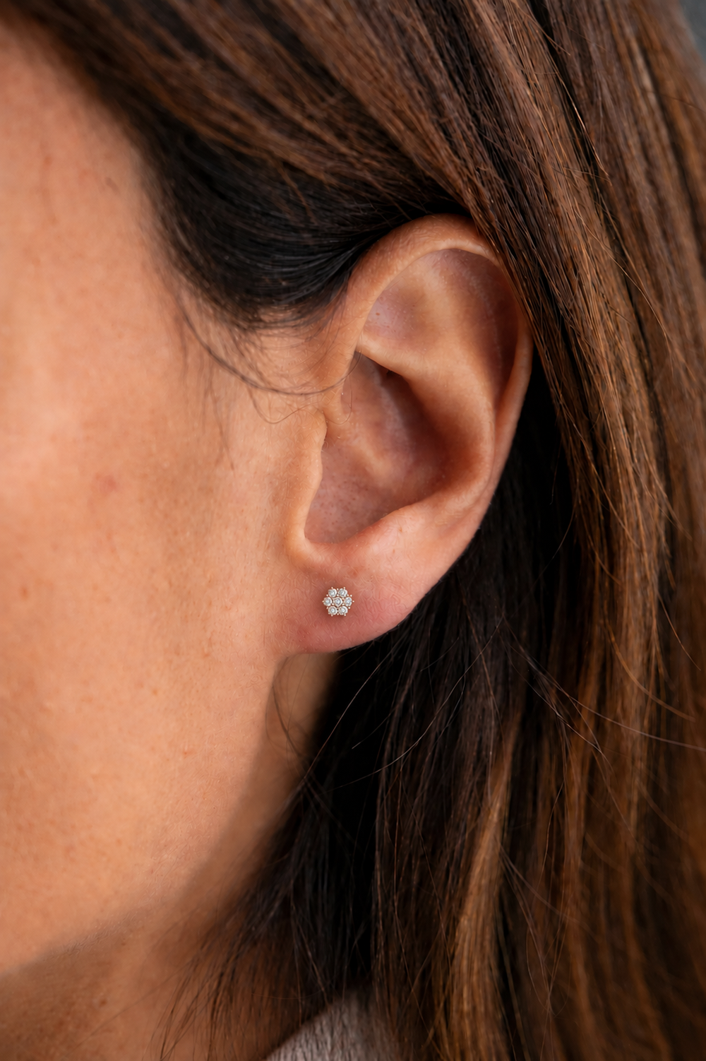 Tiny Flower Pink Gold Earrings with Diamonds
