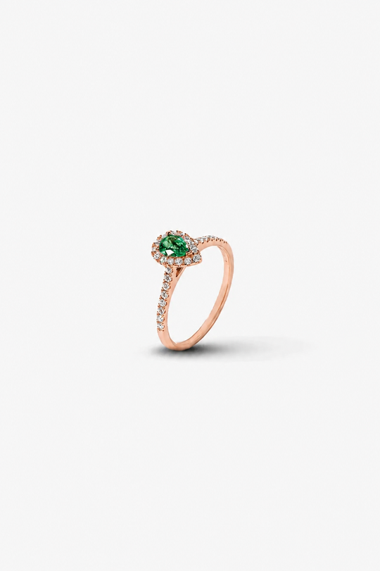 Pink Gold Engagement Ring with Diamonds and Emerald