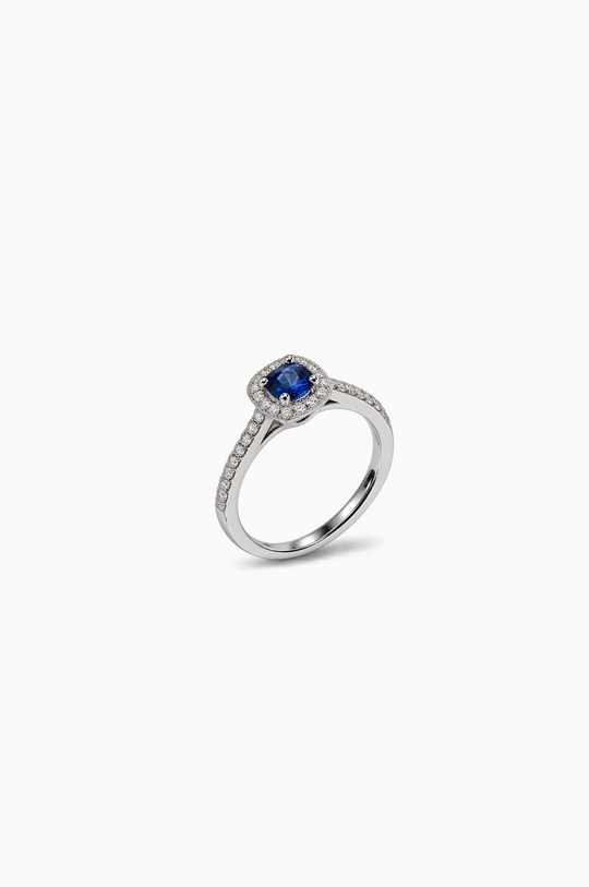White Gold Engagement Ring with Diamonds and Sapphire