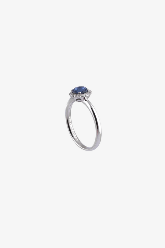 White Gold Engagement Ring with Diamonds and Sapphire