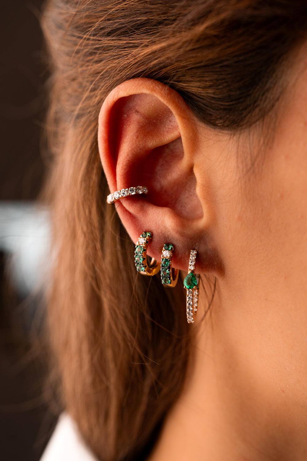 Gold and Diamond Hoops with Emeralds