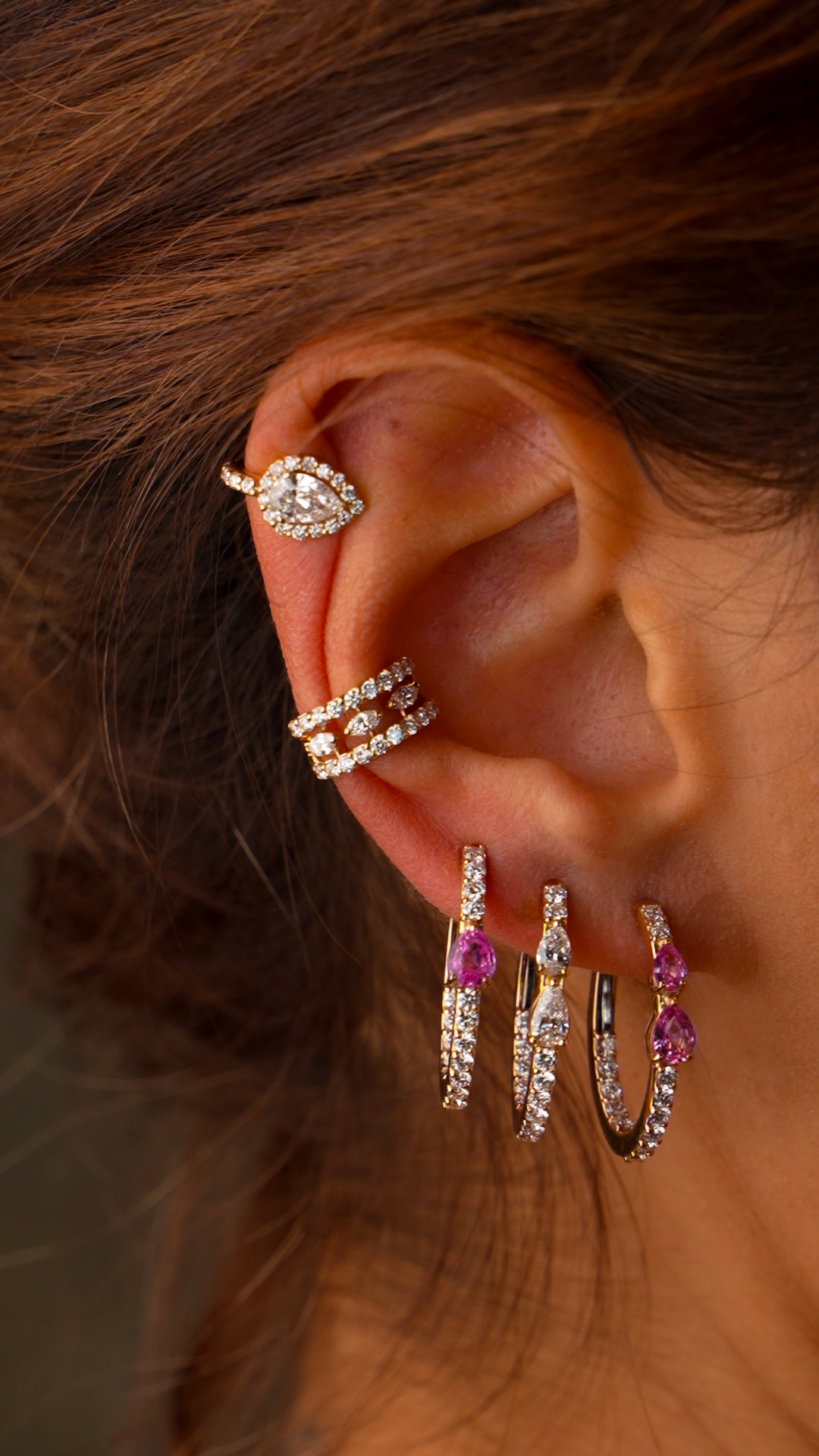 Gold and Diamond Hoops with Pink Sapphires