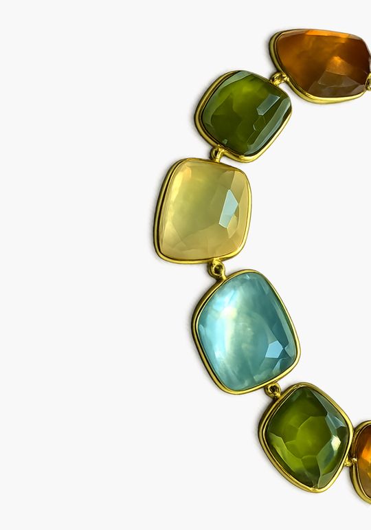 Gold Silver Necklace with Quartz, Citrine, Aquamarine and Mother-of-Pearl