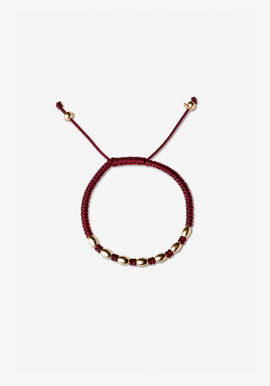 Pulseira às bolinhas em ouro amarelo com algodão bordeaux