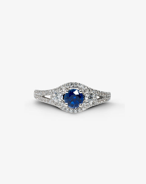 White Gold Engagement Ring with Diamonds and Sapphire