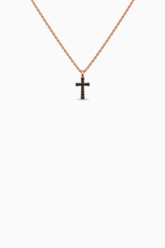Cross Pink Gold Necklace with Black Diamonds