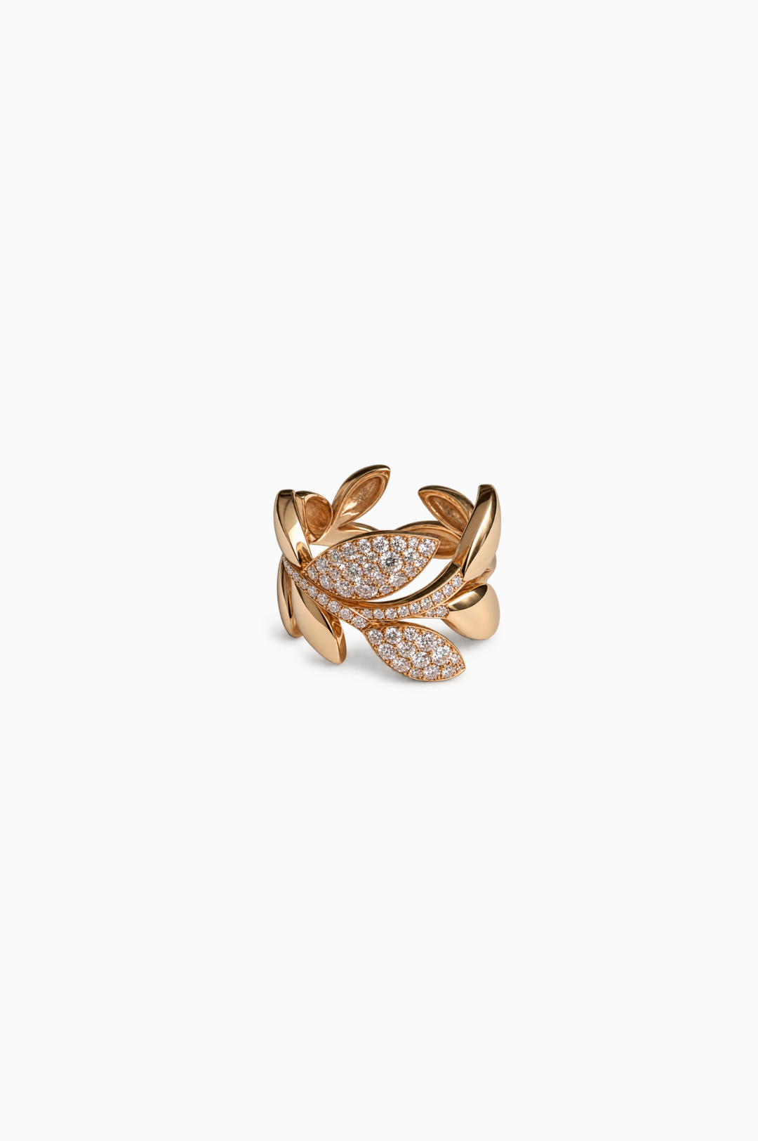 Pink Gold Leaf Ring With Diamonds