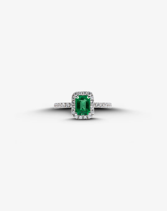 White Gold Engagement Ring with Diamonds and Emerald